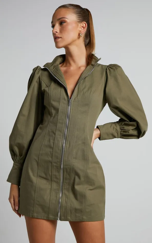 Showpo Tallis Mini Dress 8211 Sleeve Zip Front Dress In Khaki Women Curve Clothes