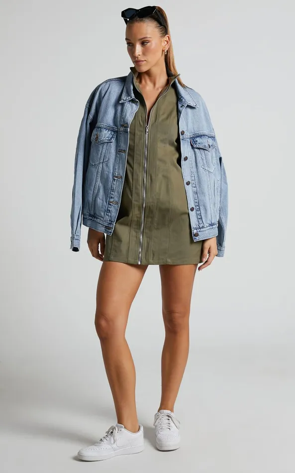 Showpo Tallis Mini Dress 8211 Sleeve Zip Front Dress In Khaki Women Curve Clothes
