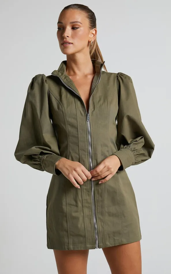 Showpo Tallis Mini Dress 8211 Sleeve Zip Front Dress In Khaki Women Curve Clothes