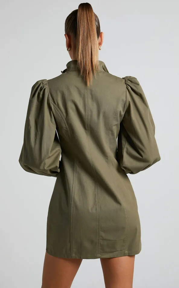 Showpo Tallis Mini Dress 8211 Sleeve Zip Front Dress In Khaki Women Curve Clothes