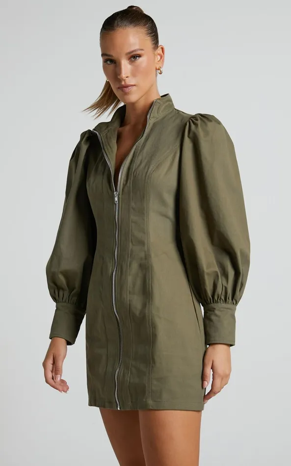 Showpo Tallis Mini Dress 8211 Sleeve Zip Front Dress In Khaki Women Curve Clothes