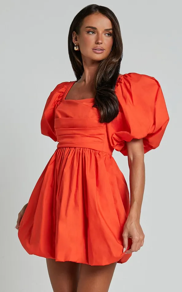 Showpo Tamara Mini Dress 8211 Short Puff Sleeve Ruched Dress In Orange Women Dresses