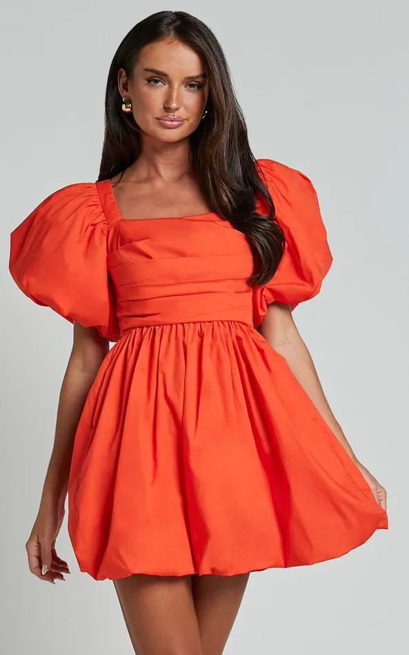 Showpo Tamara Mini Dress 8211 Short Puff Sleeve Ruched Dress In Orange Women Dresses