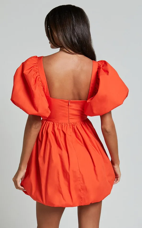 Showpo Tamara Mini Dress 8211 Short Puff Sleeve Ruched Dress In Orange Women Dresses