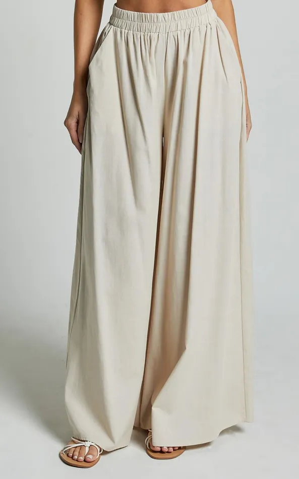 Showpo Tamara Pants 8211 High Elasticated Waist Wide Leg Pants In Natural Women Pants