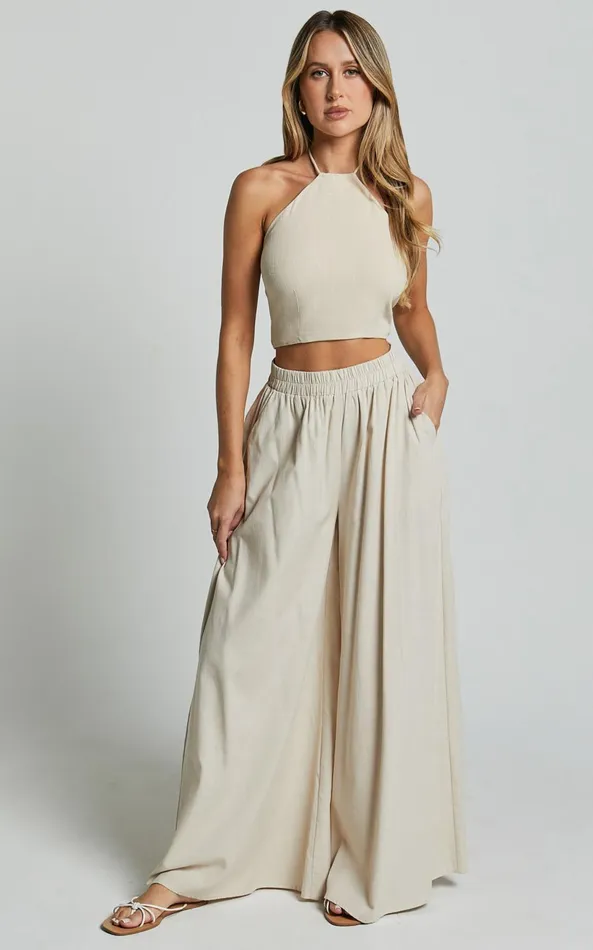 Showpo Tamara Pants 8211 High Elasticated Waist Wide Leg Pants In Natural Women Pants