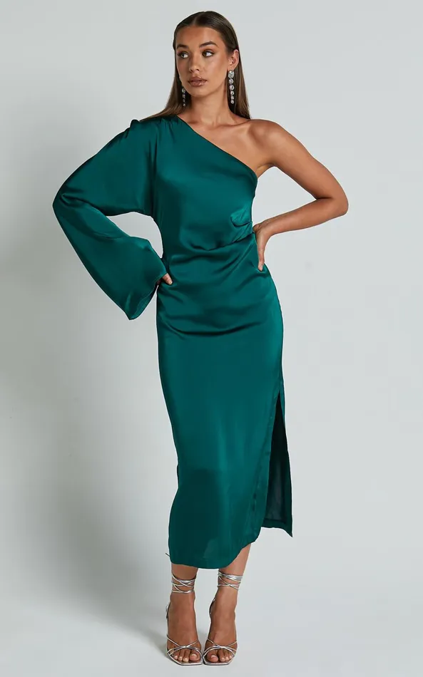 Showpo Tammy Midi Dress 8211 One Sleeve Satin Dress In Emerald Green Women Dresses Showpo Tammy Midi Dress 8211 One Sleeve Satin Dress In Emerald Green Women Dresses
