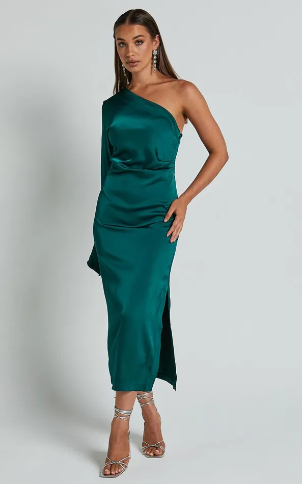 Showpo Tammy Midi Dress 8211 One Sleeve Satin Dress In Emerald Green Women Dresses