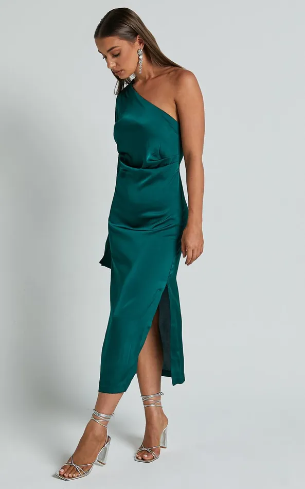 Showpo Tammy Midi Dress 8211 One Sleeve Satin Dress In Emerald Green Women Dresses