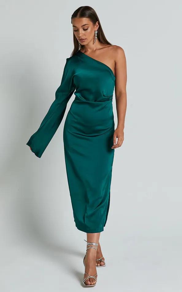 Showpo Tammy Midi Dress 8211 One Sleeve Satin Dress In Emerald Green Women Dresses