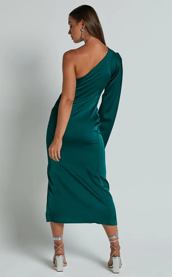 Showpo Tammy Midi Dress 8211 One Sleeve Satin Dress In Emerald Green Women Dresses