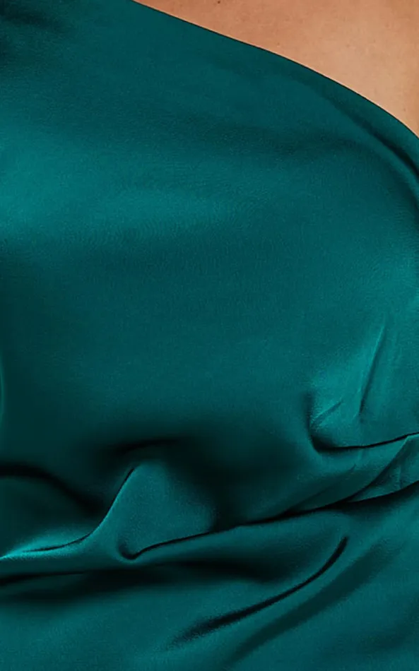 Showpo Tammy Midi Dress 8211 One Sleeve Satin Dress In Emerald Green Women Dresses