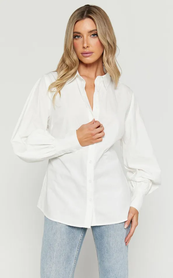 Showpo Tansu Long Sleeve Tie Back Shirt In White Women Tops
