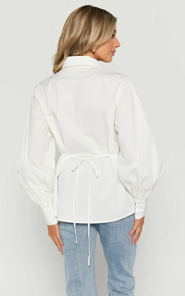 Showpo Tansu Long Sleeve Tie Back Shirt In White Women Tops
