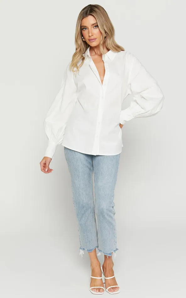 Showpo Tansu Long Sleeve Tie Back Shirt In White Women Tops