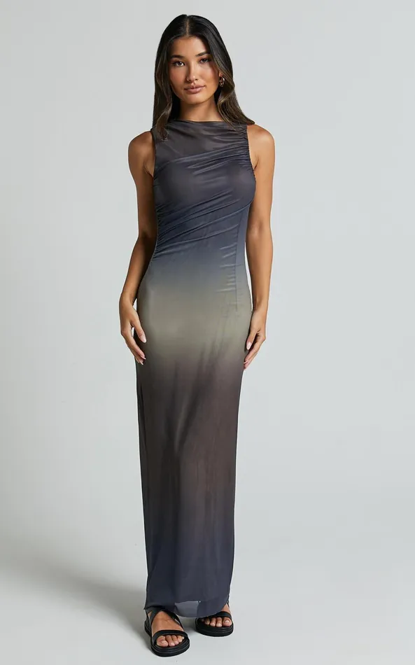 Showpo Tassa Midi Dress 8211 High Neck Slip Mesh Ombre Dress In Stormy Ombre Women Dresses