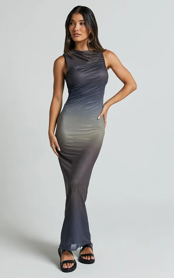 Showpo Tassa Midi Dress 8211 High Neck Slip Mesh Ombre Dress In Stormy Ombre Women Dresses