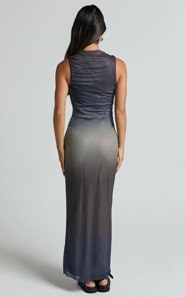 Showpo Tassa Midi Dress 8211 High Neck Slip Mesh Ombre Dress In Stormy Ombre Women Dresses