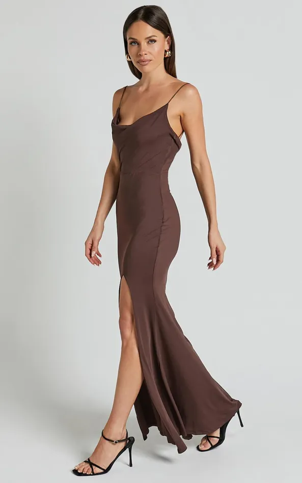Showpo Tasteful Midi Dress 8211 Cowl Neck Bodycon Thigh Split Dress In Dark Chocolate Women Dresses