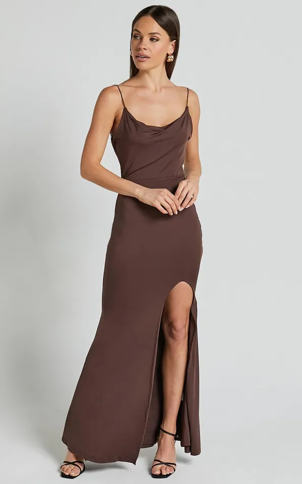 Showpo Tasteful Midi Dress 8211 Cowl Neck Bodycon Thigh Split Dress In Dark Chocolate Women Dresses