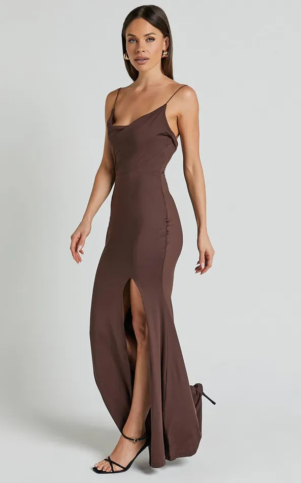 Showpo Tasteful Midi Dress 8211 Cowl Neck Bodycon Thigh Split Dress In Dark Chocolate Women Dresses