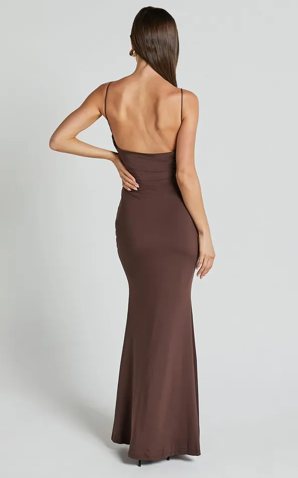 Showpo Tasteful Midi Dress 8211 Cowl Neck Bodycon Thigh Split Dress In Dark Chocolate Women Dresses