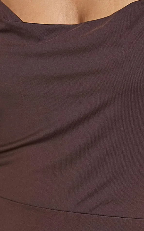Showpo Tasteful Midi Dress 8211 Cowl Neck Bodycon Thigh Split Dress In Dark Chocolate Women Dresses