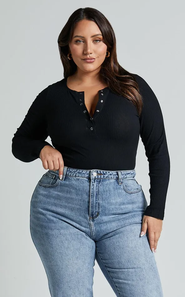 Showpo Tatem Bodysuit 8211 Long Sleeve Button Front Bodysuit In Black Women Curve Clothes