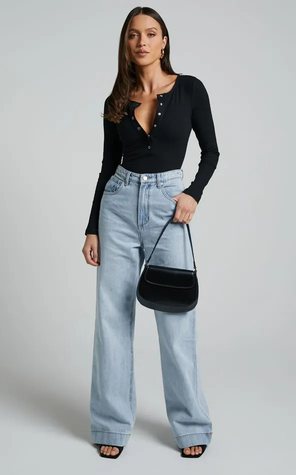Showpo Tatem Bodysuit 8211 Long Sleeve Button Front Bodysuit In Black Women Curve Clothes