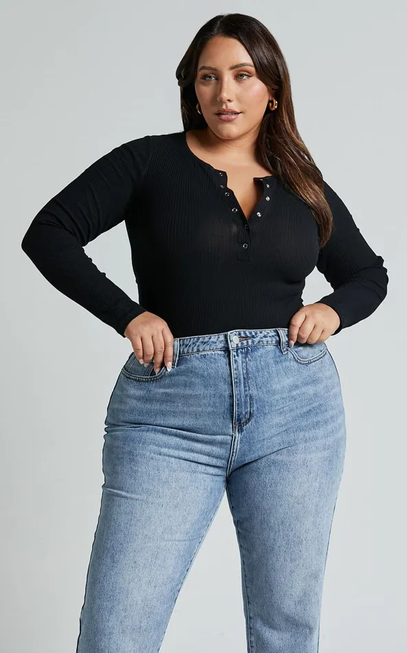Showpo Tatem Bodysuit 8211 Long Sleeve Button Front Bodysuit In Black Women Curve Clothes