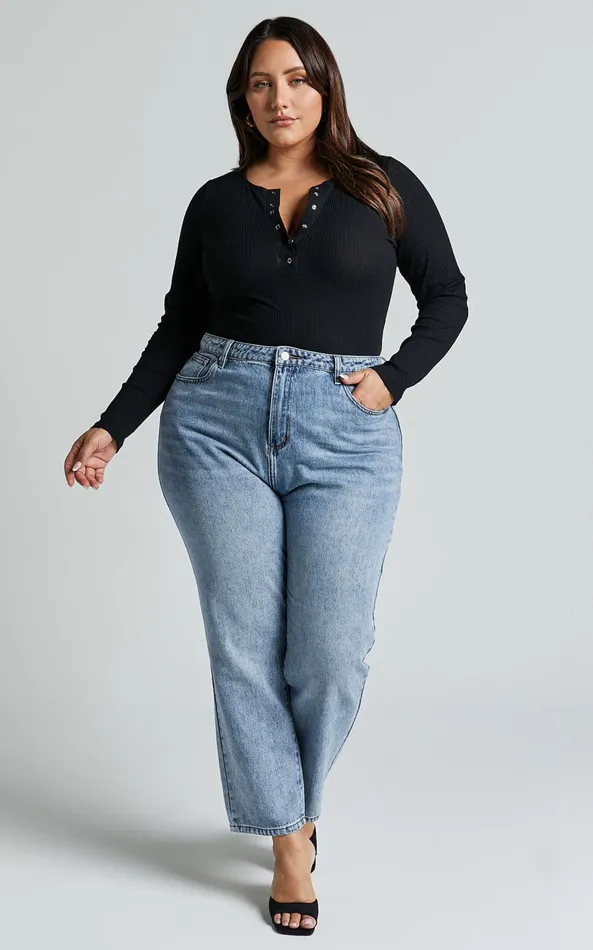 Showpo Tatem Bodysuit 8211 Long Sleeve Button Front Bodysuit In Black Women Curve Clothes