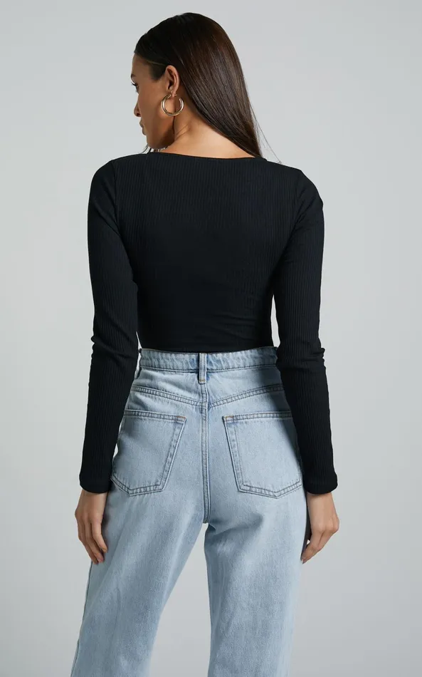 Showpo Tatem Bodysuit 8211 Long Sleeve Button Front Bodysuit In Black Women Curve Clothes