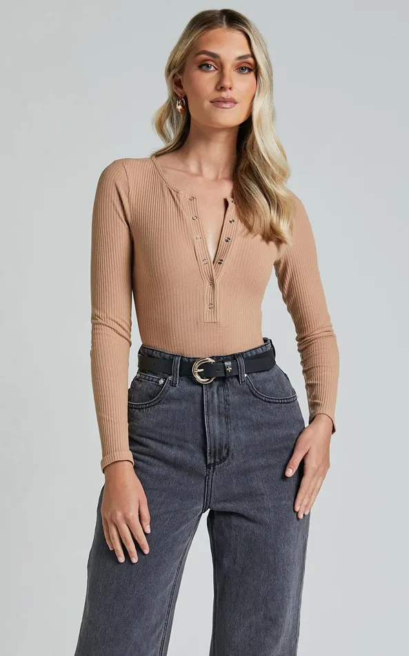 Showpo Tatem Bodysuit 8211 Long Sleeve Button Front Bodysuit In Mocha Women Curve Clothes Showpo Tatem Bodysuit 8211 Long Sleeve Button Front Bodysuit In Mocha Women Curve Clothes
