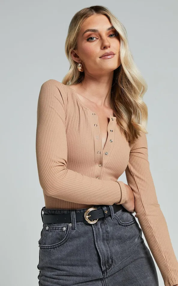 Showpo Tatem Bodysuit 8211 Long Sleeve Button Front Bodysuit In Mocha Women Curve Clothes