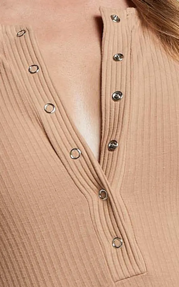 Showpo Tatem Bodysuit 8211 Long Sleeve Button Front Bodysuit In Mocha Women Curve Clothes