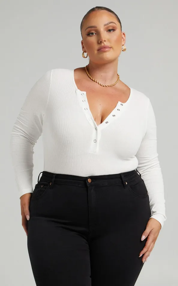 Showpo Tatem Bodysuit 8211 Long Sleeve Button Front Bodysuit In White Women Curve Clothes