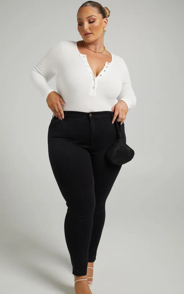 Showpo Tatem Bodysuit 8211 Long Sleeve Button Front Bodysuit In White Women Curve Clothes