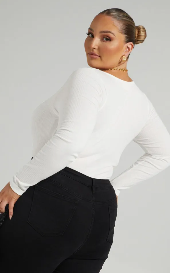 Showpo Tatem Bodysuit 8211 Long Sleeve Button Front Bodysuit In White Women Curve Clothes