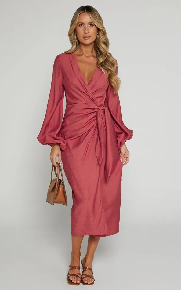 Showpo Taylor Midi Dress 8211 Long Sleeve Wrap Dress In Clay Women Curve Clothes