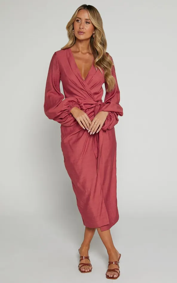 Showpo Taylor Midi Dress 8211 Long Sleeve Wrap Dress In Clay Women Curve Clothes