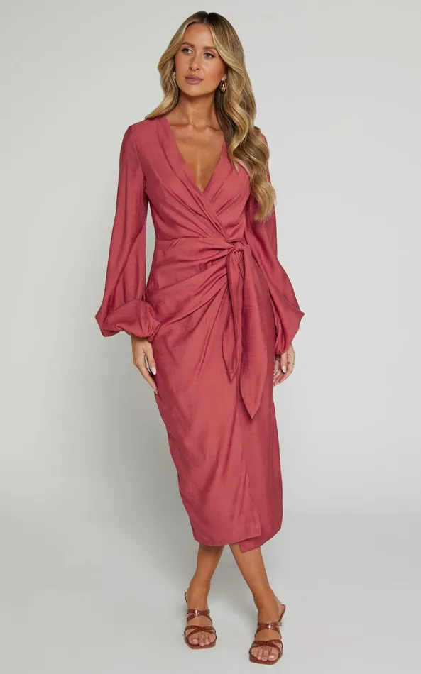 Showpo Taylor Midi Dress 8211 Long Sleeve Wrap Dress In Clay Women Curve Clothes