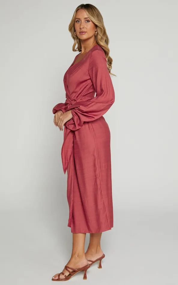 Showpo Taylor Midi Dress 8211 Long Sleeve Wrap Dress In Clay Women Curve Clothes
