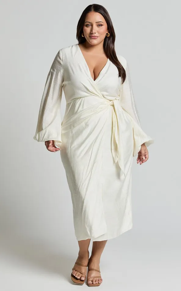 Showpo Taylor Midi Dress 8211 Long Sleeve Wrap Dress In White Women Curve Clothes