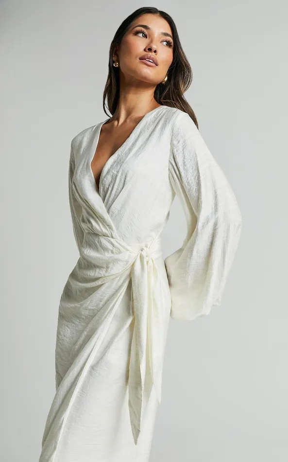 Showpo Taylor Midi Dress 8211 Long Sleeve Wrap Dress In White Women Curve Clothes