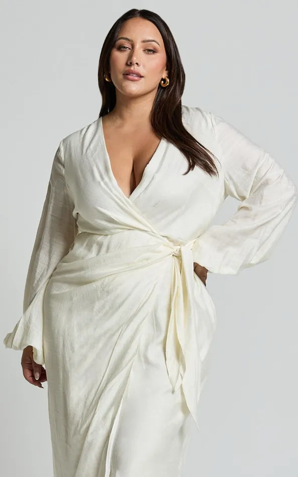Showpo Taylor Midi Dress 8211 Long Sleeve Wrap Dress In White Women Curve Clothes