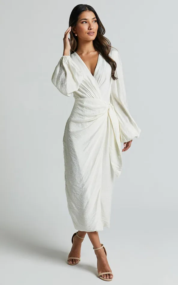 Showpo Taylor Midi Dress 8211 Long Sleeve Wrap Dress In White Women Curve Clothes