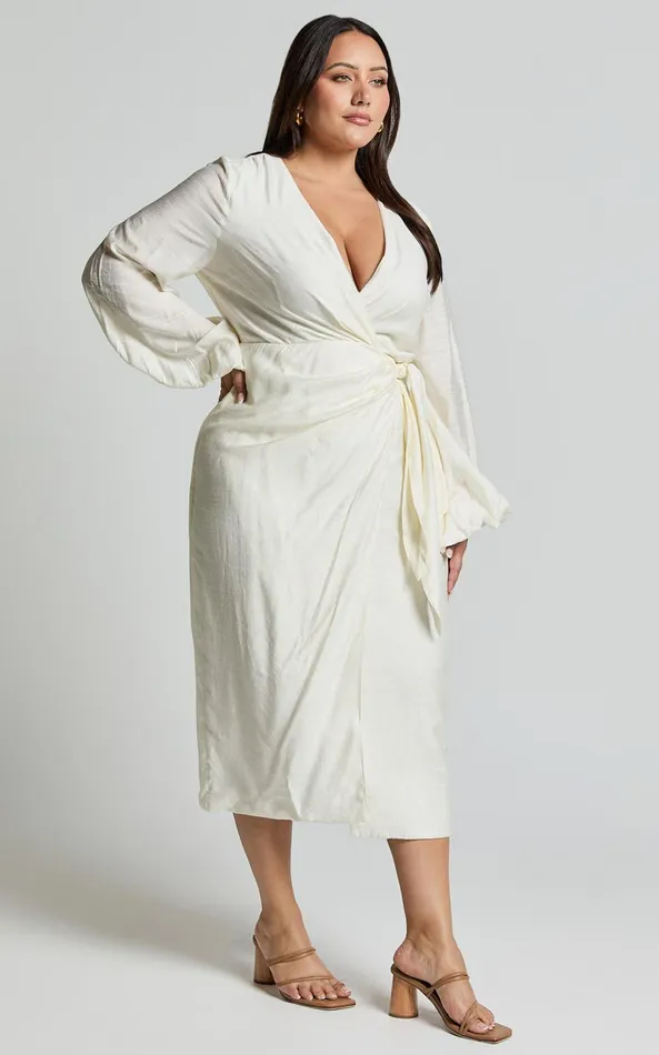 Showpo Taylor Midi Dress 8211 Long Sleeve Wrap Dress In White Women Curve Clothes