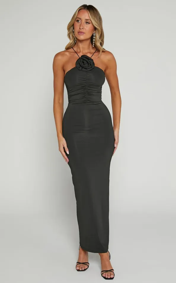 Showpo Teagan Midi Dress 8211 Bodycon Ruched Asymmetric Strap Rosette Dress In Black Women Dresses