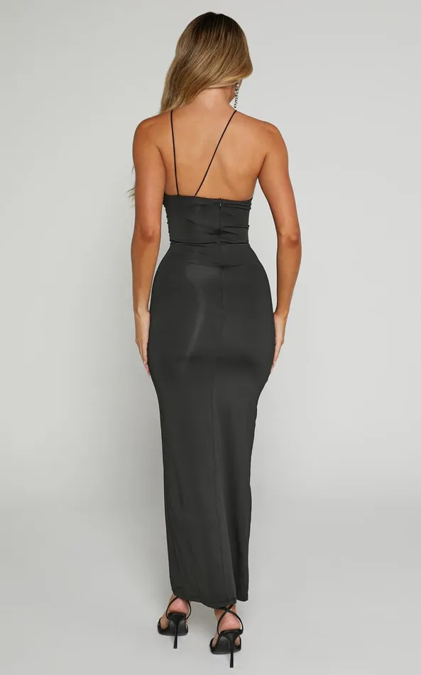 Showpo Teagan Midi Dress 8211 Bodycon Ruched Asymmetric Strap Rosette Dress In Black Women Dresses