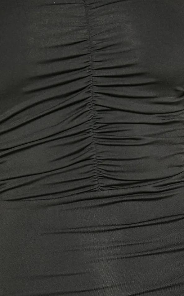 Showpo Teagan Midi Dress 8211 Bodycon Ruched Asymmetric Strap Rosette Dress In Black Women Dresses